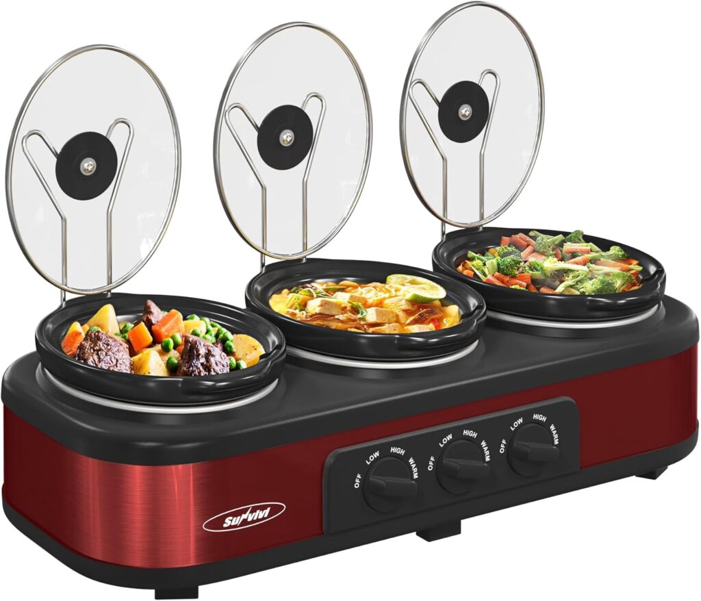 Sunvivi Triple Slow Cooker Buffet Servers and Warmer,3 Pot Food Small Mini Manual Slow Cooker with Adjustable Temp Stainless Steel Lid Rests,Removable Ceramic Pot, 3 * 1.5 Quarts Red