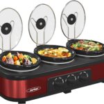 Sunvivi Triple Slow Cooker Buffet Servers and Warmer,3 Pot Food Small Mini Manual Slow Cooker with Adjustable Temp Stainless Steel Lid Rests,Removable Ceramic Pot, 3 * 1.5 Quarts Red
