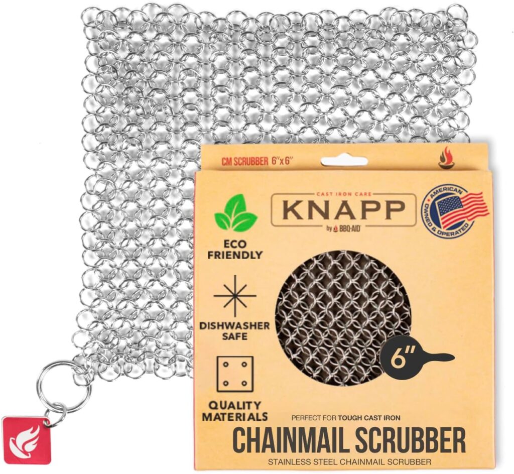 Knapp Made CM Scrubber 6″ Small Ring Cast Iron Scrubber – Cast Iron Cleaner for Hard Anodized Cookware, Pre-Seasoned Pans, Dutch Ovens, Iron Pans, Grills and Skillet. Chain Mail Scrubber Cast Iron
