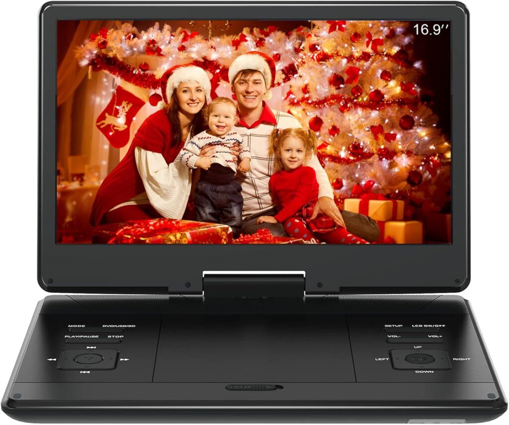 16.9″ Portable DVD Player with 14.1″ Large HD Screen,High Volume Speaker,4-6 Hours Built-in Rechargeable Battery,Support USB/SD Card/Sync TV and Multiple Disc Formats,Region Free,Remote Control,Black