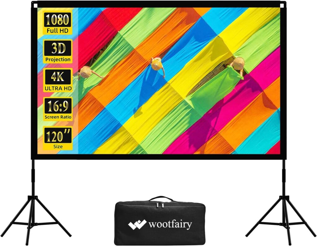 Projector Screen with Stand, Wootfairy 120 inch Portable and Foldable Indoor Outdoor Projection Screen 16:9 4K HD Rear Front Wrinkle-Free Movie Screen with Carry Bag for Home Theater Backyard Cinema