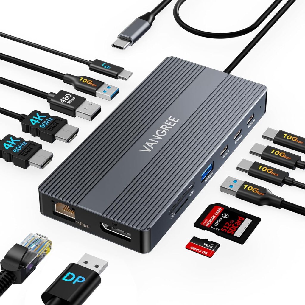 USB C Docking Station, 14 in 1 USB C Hub Multiport Adapter, Triple Display 3 Monitors with Dual 4K@60Hz HDMI+DP, 100W PD, 5xUSB A/C 10Gbps, Ethernet, SD/TF, Audio Ports for Laptop/Lenovo/Dell/HP