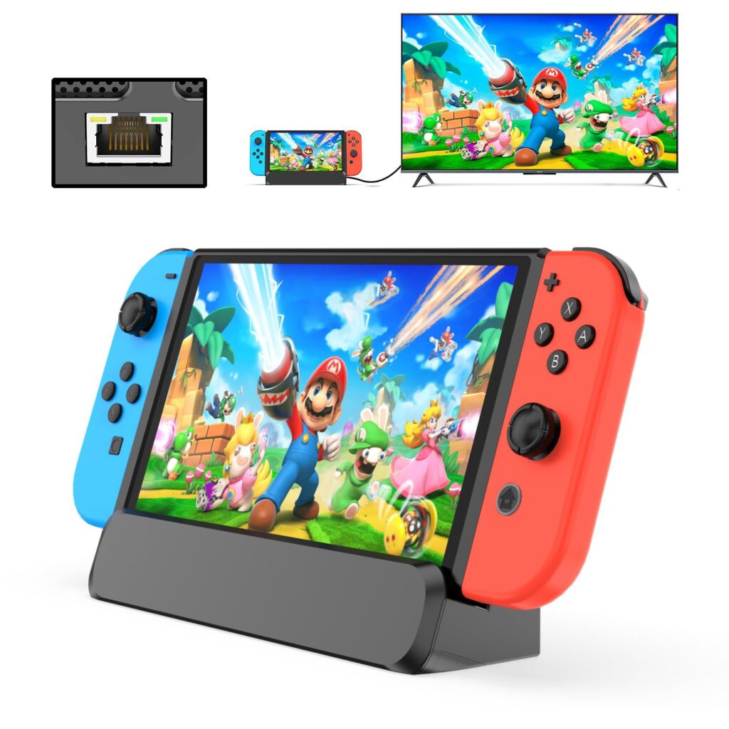 6 in 1 Dock Station for Nintendo Switch OLED TV Adapter Switch Docking Station with HDMI 1000 Mbit RJ45 Ethernet LAN 3 USB 2.0 Port Type C Charging USB C Connectors Travel Base Portable Stand