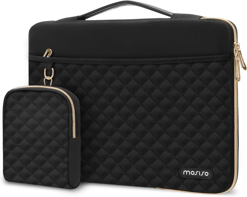 MOSISO 13-14 inch 360 Protective Laptop Sleeve, Compatible with MacBook Air/Pro 13/Pro 14 inch, 13.3 inch Carrying Case Square Quilted Side Open Bag with Horizontal Pockets&Small Case&Belt, Black