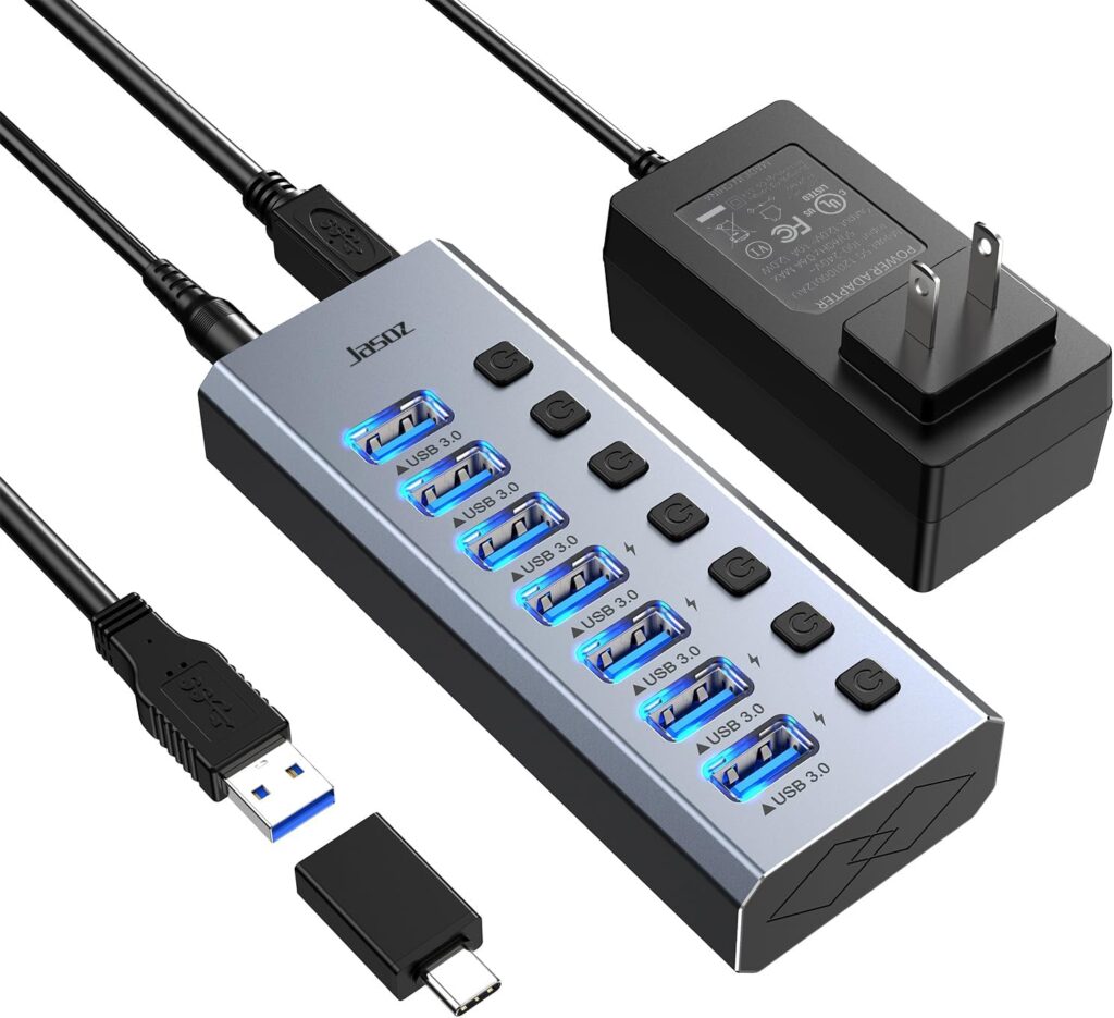 KAGO Powered USB Hub 3.0 with ac Adapter -7 USB 3.0 Data Transfer Ports, 4 Charging Ports with Individual On/Off Switches, Power Adapter Included