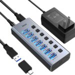 KAGO Powered USB Hub 3.0 with ac Adapter -7 USB 3.0 Data Transfer Ports, 4 Charging Ports with Individual On/Off Switches, Power Adapter Included
