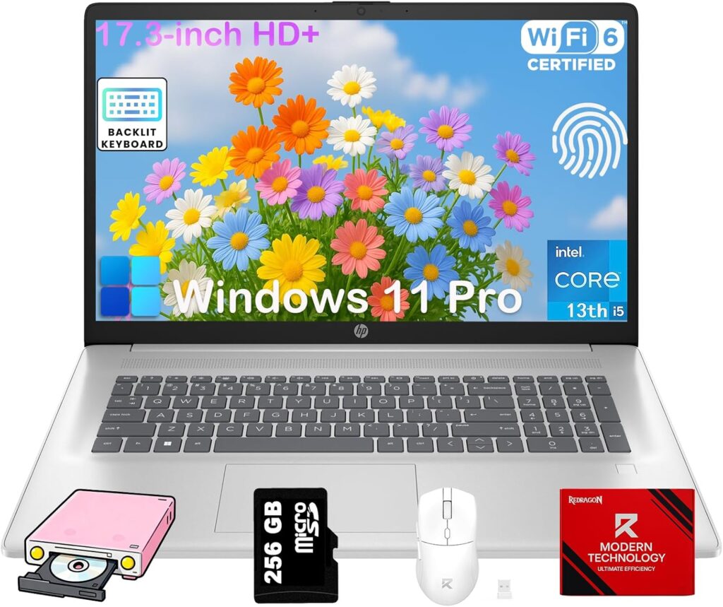 HP 17 Laptop Computer for Business & Student, 64GB RAM, 2TB SSD, Intel 10-Core i5-1334U, 17.3″ HD+ Anti-Glare Display, Backlit Keyboard, Fingerprint, Numeric Keypad, HD Camera, Win11 Pro, Accessories