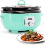 MegaChef 6.9 Quart Oval Electric Slow Cooker, Removable Ceramic Pot, 3 Heat Settings, Kitchen Appliance, Countertop Cooker (Turquoise)