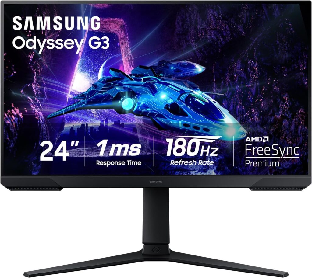 Samsung 24-Inch Odyssey G3 (G30D) Series FHD Gaming Monitor, 1ms, 180Hz, AMD FreeSync, Adjustable Stand, Black Equalizer, Virtual Aim Point, Eye Saver Mode, Flicker-Free, LS24DG302ENXZA