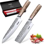 Huusk Japanese Kitchen Knife Set – 2-Piece Professional Chef Knives Set for Kitchen, Hand Forged Nakiri Vegetable Chopping Knife, Meat Cleaver Knife Set for Meat Cutting, Father’s Day Gifts for Men