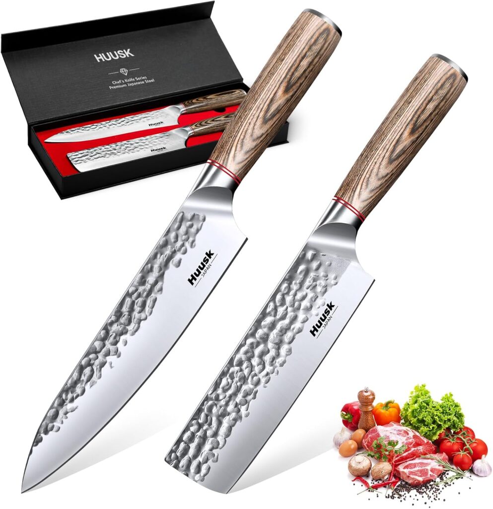 Huusk Japanese Kitchen Knife Set – 2-Piece Professional Chef Knives Set for Kitchen, Hand Forged Nakiri Vegetable Chopping Knife, Meat Cleaver Knife Set for Meat Cutting, Father’s Day Gifts for Men