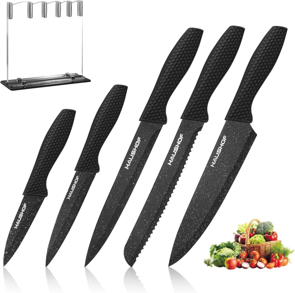 HAUSHOF Kitchen Knife Set, 5 PCS Knife Sets with Arcylic Block, Teflon Coated Black Knives Set for Kitchen, Premium Stainless Steel Knives Set with Ergonomic Handle, Great for Slicing, Dicing&Cutting
