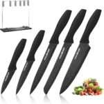HAUSHOF Kitchen Knife Set, 5 PCS Knife Sets with Arcylic Block, Teflon Coated Black Knives Set for Kitchen, Premium Stainless Steel Knives Set with Ergonomic Handle, Great for Slicing, Dicing&Cutting