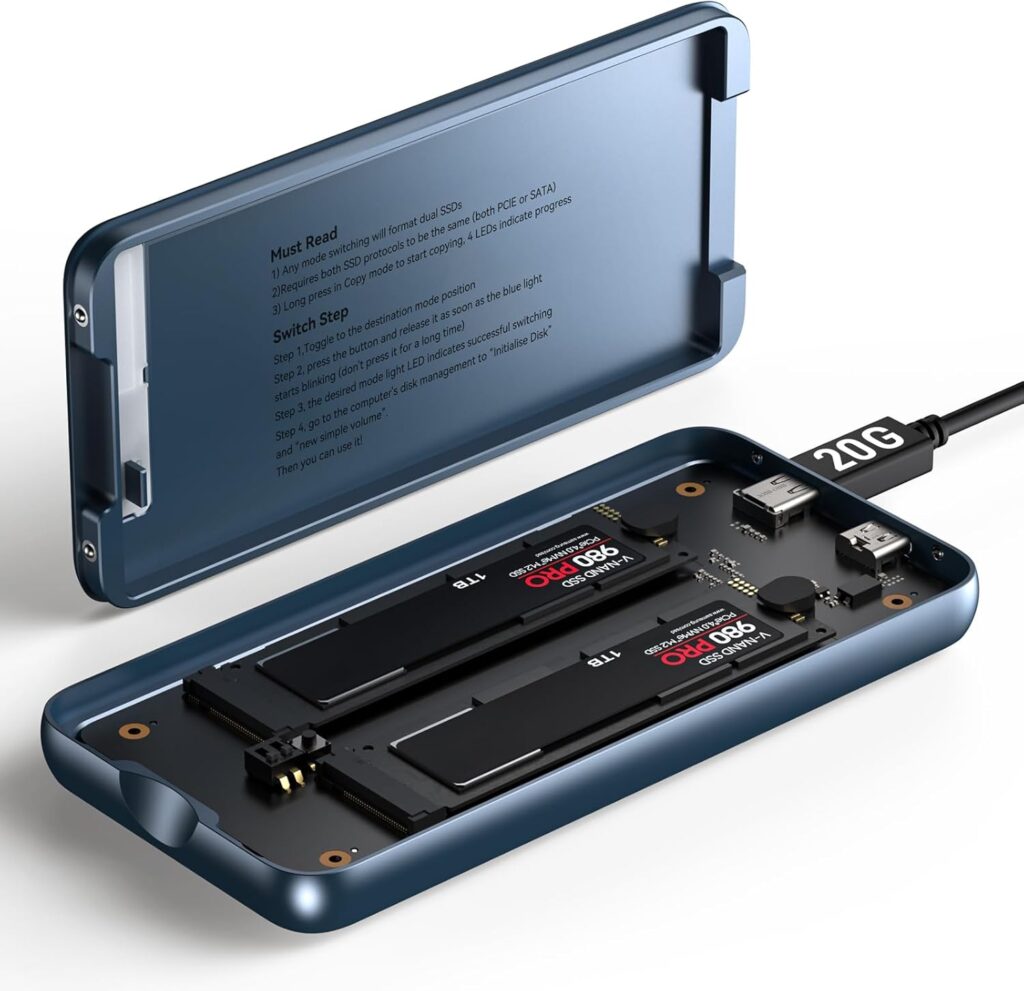 Dual Bay Raid SSD Enclosure: 2280 M2 Hard Drive Enclosure with Clone Mode & Raid 0/1 & JBOD Mode, 20Gbps Compatible to PCIe NVMe Harddrive Cloning HDD, Offline Duplicator