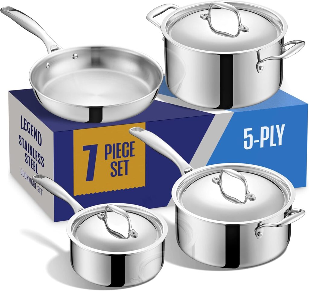 LEGEND COOKWARE 5-Ply Stainless Steel Cookware Set | 7-Piece Pot and Pan Set | Induction Compatible, Non-Toxic | Heavy Duty 18/8 Full Clad Construction | Oven Safe Even Heating | PFOA PTFE PFOS Free