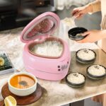 Heart Shaped Pink Rice Cooker, Small Multifunctional Peach Heart Shape 300W High Power, Preset Timer, Automatic Heat Preservation, Cute Rice Cooker for Gifts (1.8L, 4Cups)