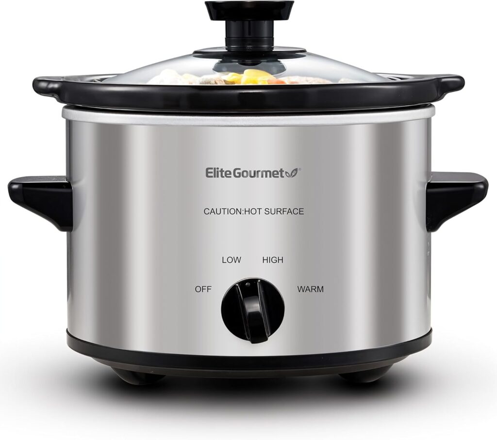 Elite Gourmet MST-250XS Electric Slow Cooker Ceramic Pot, Adjustable Temp, Entrees, Sauces, Stews & Dips, Dishwasher Safe Glass Lid & Crock, 1.5 Quart, Stainless Steel
