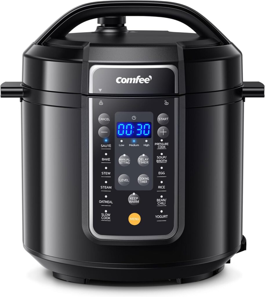 COMFEE’ 9-in-1 Electric Pressure Cooker, 14 Presets Instant Multi Slow Cooker Olla de Presion Non-Stick Pot Rice , Yogurt Maker, Sauté Steamer, Black , 6 Quarts