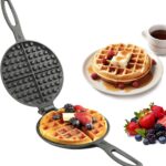 Cast Iron Waffle Cookware Two Piece Hinged Non Electric Waffle Iron for Stovetop or Grill Makes 7″ Round Waffles Design Waffle Pan (7 inches)