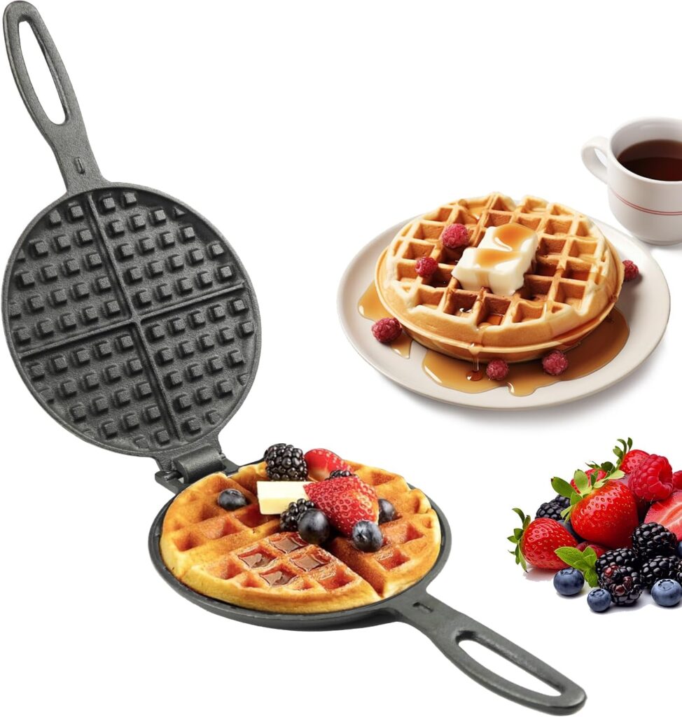 Cast Iron Waffle Cookware Two Piece Hinged Non Electric Waffle Iron for Stovetop or Grill Makes 7″ Round Waffles Design Waffle Pan (7 inches)
