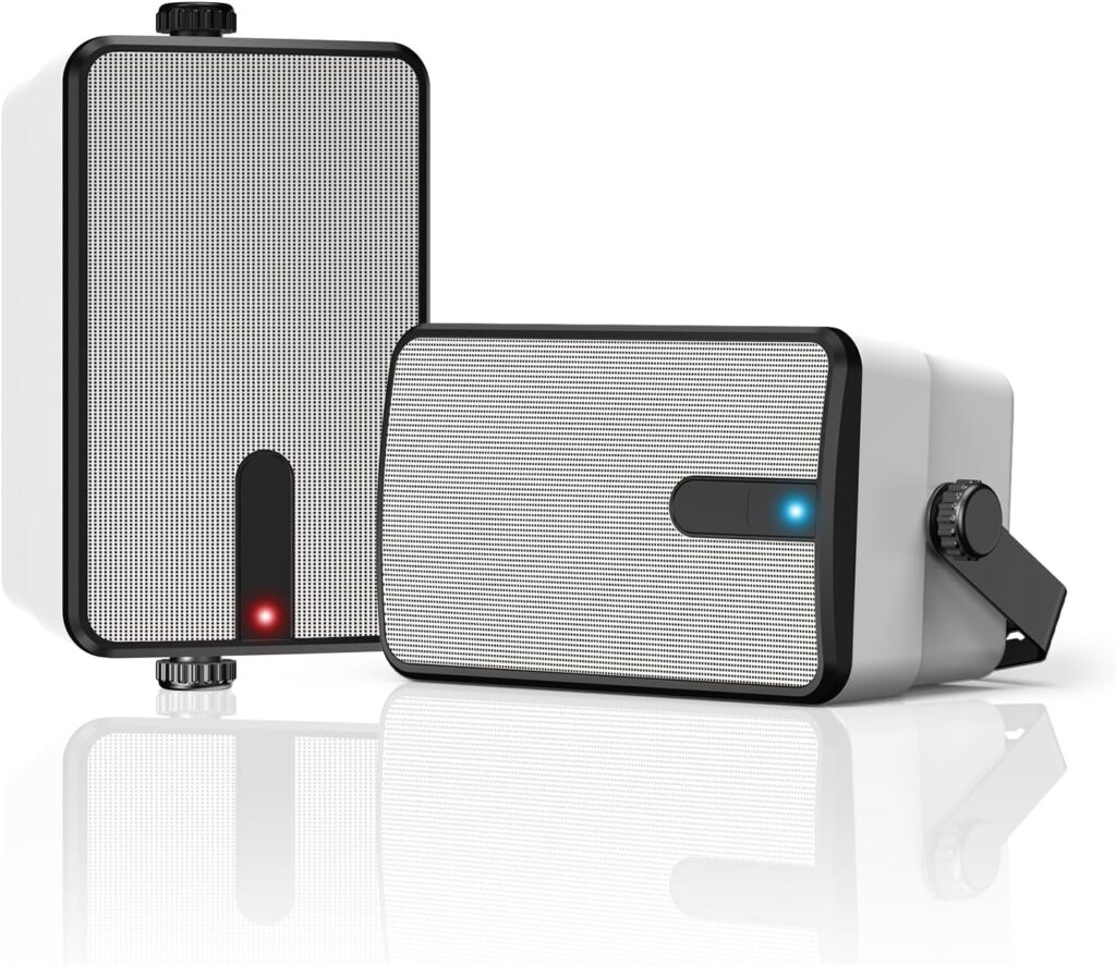 250W Outdoor Bluetooth Speakers, Wireless Sync Between Speakers, IPX5 Waterproof, Powerful Bass, Wall Mount for Patio, Porch, Gazebo, Garage, 2-Pack, White(MZ-632)