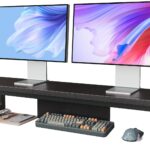 Dual Monitor Stand Riser, Wood and Steel Monitor Stand for Desk, Multi-Purpose Desk Shelf Organizer for Computer, Laptop, Printer, TV, Black