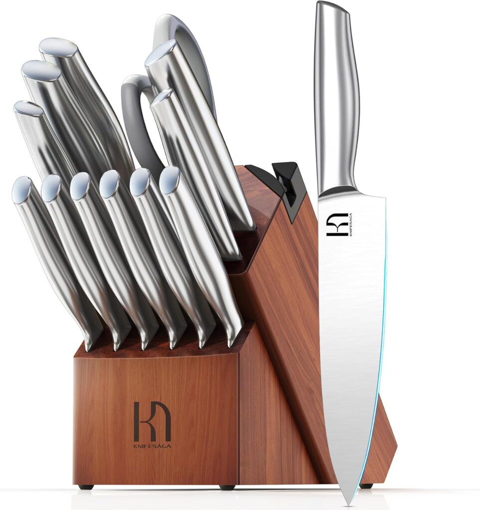 Knife Set Premium, Japanese High Carbon Stainless Steel 14 Pcs Kitchen Knives Block Set with Built-in Sharpener and Wood Block, Razor Sharp Knife Sets for Kitchen with Ergonomic Handle