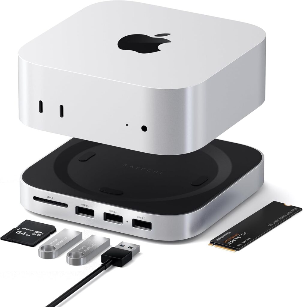 Satechi Mac mini M4 Hub & Stand with NVMe SSD Enclosure, Mac mini M4 Dock with 2xUSB A Up to 10Gbps, USB A Data Port, SD Card Reader for Mac mini M4, Mac mini M4 Pro – Silver