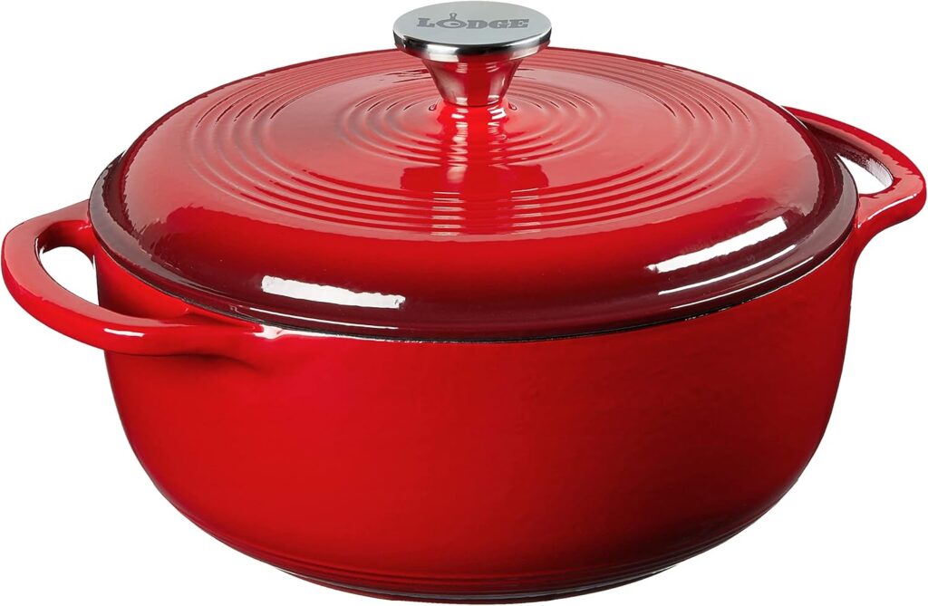 Lodge 4.5 Quart Enameled Cast Iron Dutch Oven with Lid – Dual Handles – Oven Safe up to 500° F or on Stovetop – Use to Marinate, Cook, Bake, Refrigerate and Serve – Island Spice Red