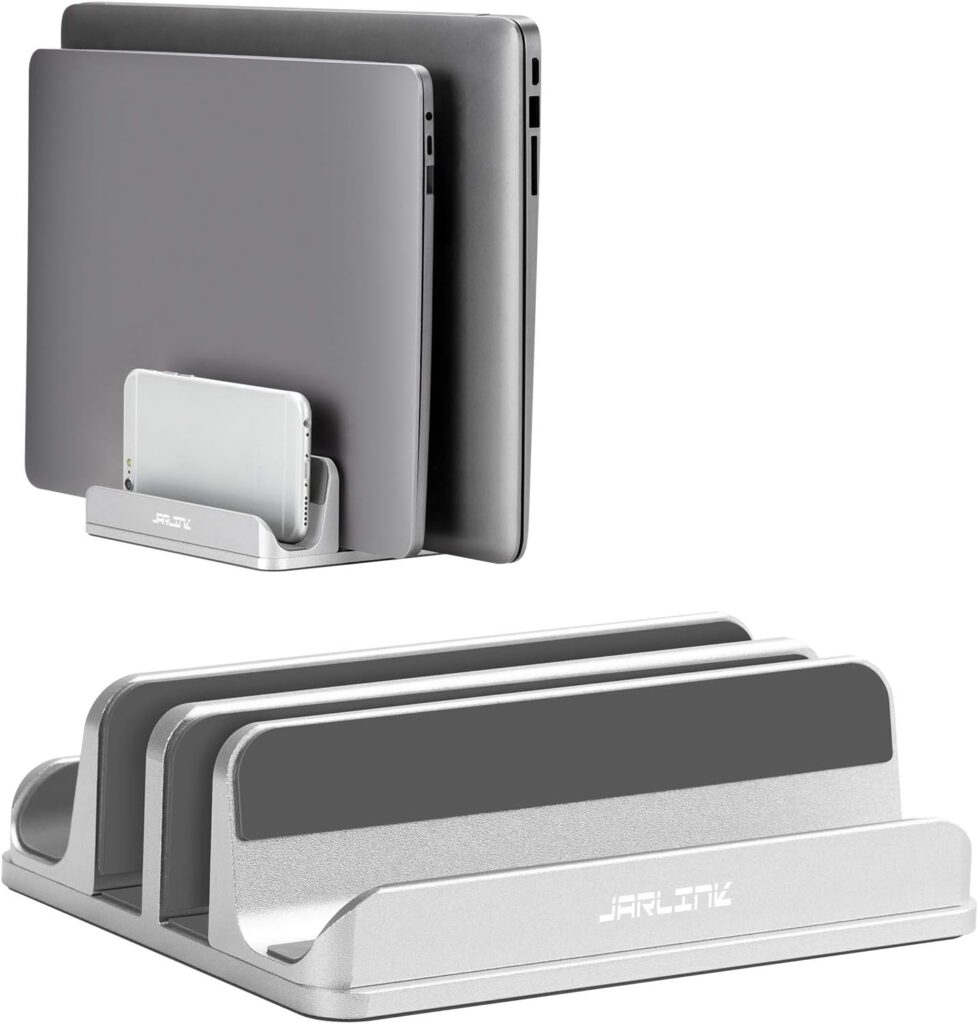 JARLINK 4-in-1 Adjustable Vertical Laptop Stand Holder, Aluminum Dual Slots Laptop Rack for Desk, Space-Saving Organizer Compatible with All MacBook, Surface, Chromebook, and Gaming Laptops (Silver)