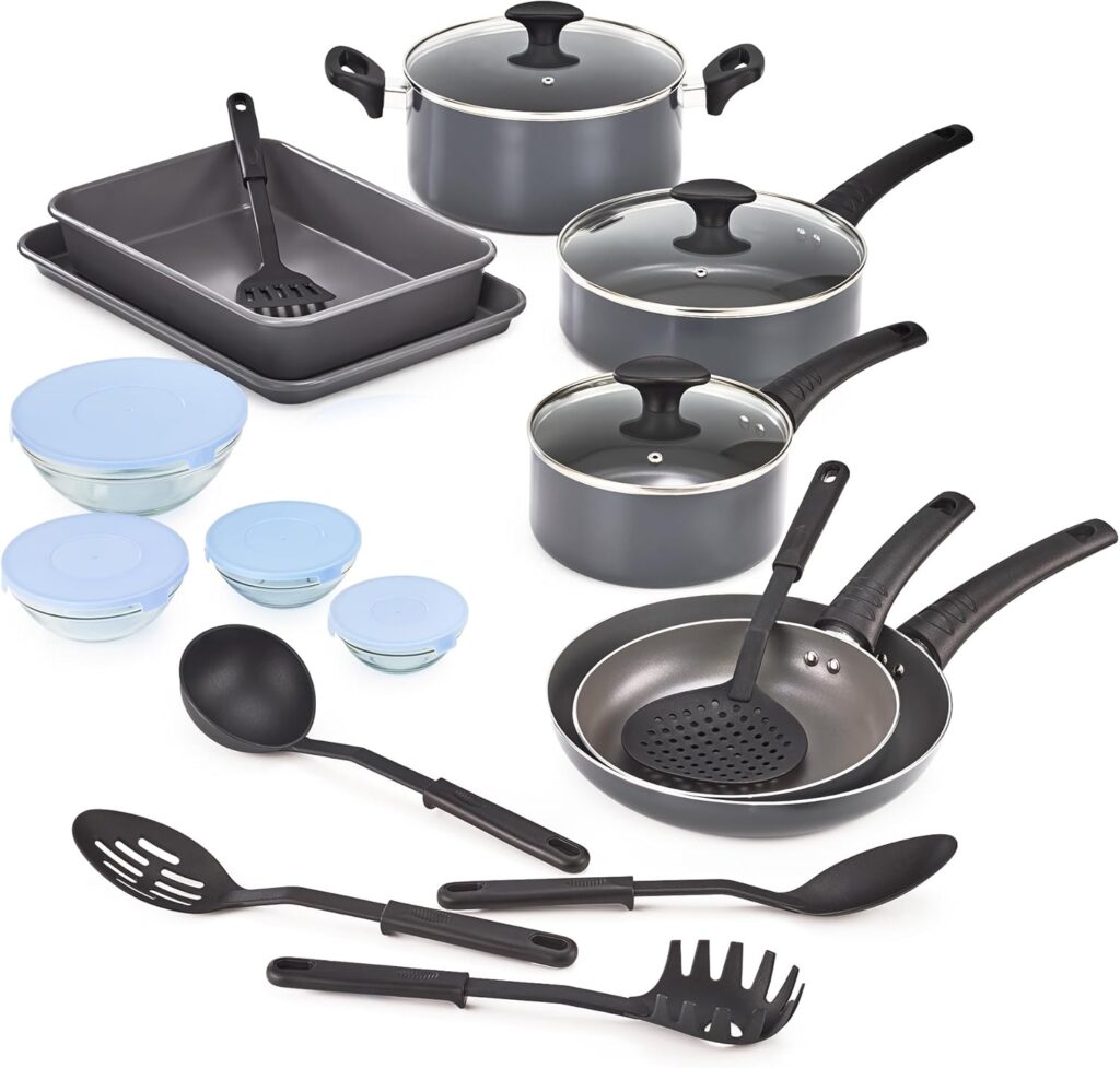 BELLA Nonstick Cookware Set with Glass Lids – Aluminum Bakeware, Pots and Pans, Storage Bowls & Utensils, Compatible with All Stovetops, 21 Piece, Black