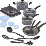BELLA Nonstick Cookware Set with Glass Lids – Aluminum Bakeware, Pots and Pans, Storage Bowls & Utensils, Compatible with All Stovetops, 21 Piece, Black