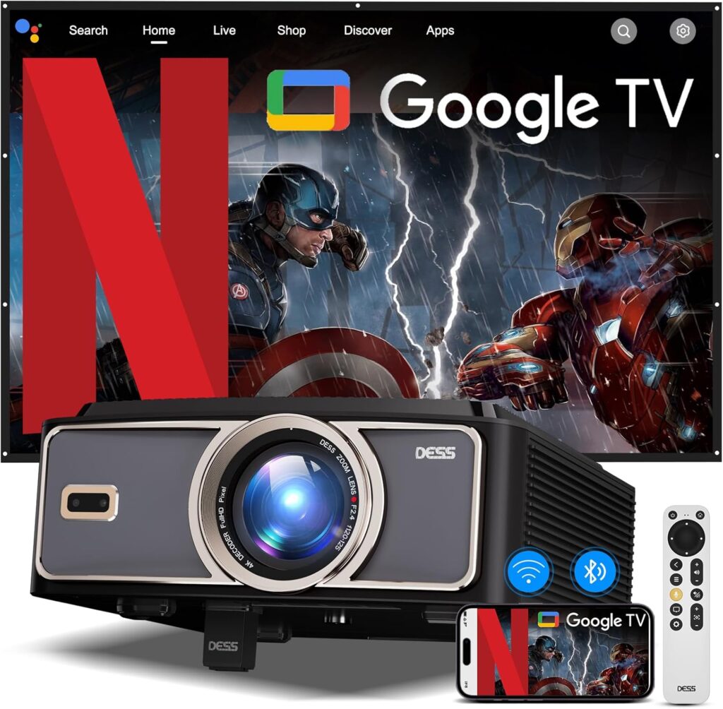 [Netflix Officially/1500Brightness] 4K Projector with Wifi6 and bluetooth,Smart projector with Electric Bracket,MAX 300”Display Home theater projector,Auto Focus&Keystone,Upgrated Dess C5 Pro GTV