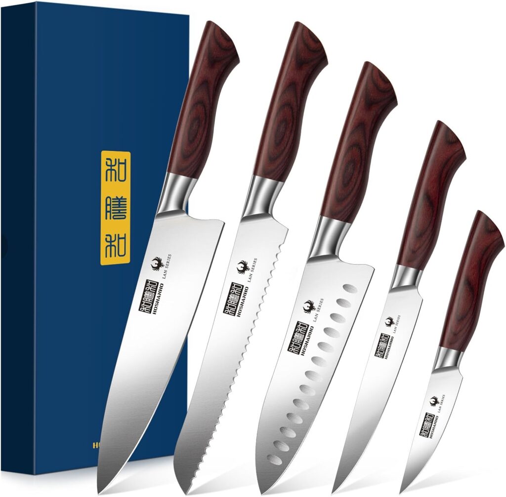 HOSHANHO 5-Piece Japanese Style Kitchen Knife Set,Professional Ultra Sharp High-Carbon Stainless Steel Chefs Knives with Ergonomic Wood Handle,Elegant Box Packaging