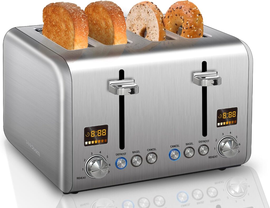 SEEDEEM 4 Slice Stainless Toaster – Color LCD Display, 7 Shade Settings, 1.5” Wide Slots with Bagel/Defrost/Reheat Functions, Removable Crumb Tray, Silver Metallic, 1800W