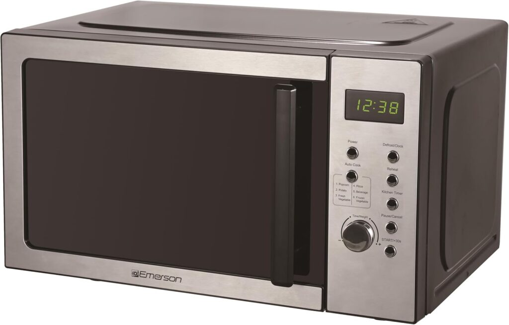 Emerson MW9005SS Compact Countertop Microwave Oven with Button Control, LED Display, 900W 5 Power Levels, 6 Auto Menus, Glass Turntable and Child Safe Lock, 0.9 Cu. Ft, Stainless Steel