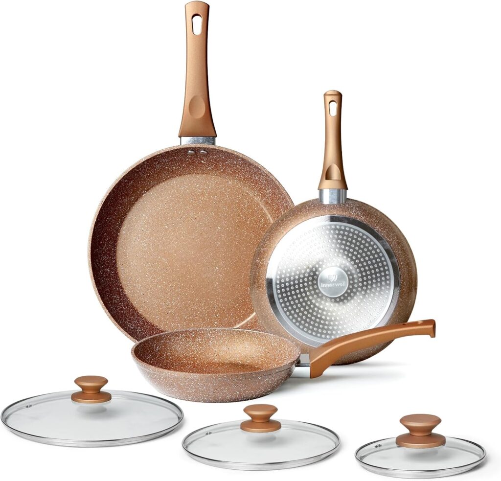 Healthy Nonstick Granite Cookware Set – 3 Pcs, Induction Skillets With Lids, PFOA Free, No Toxic Egg Omelette Frying Pan