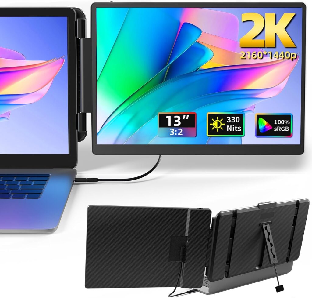 2K Laptop Monitor Extender – 13″ IPS 1440P Dual Monitor Attachment Plug & Play Multiple Screens for 13″-17″ Laptop Compatible with Wins Mac Dex Chrome Travel Gaming Work