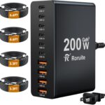 USB C Charging Station 10 Port with 4 USB Cables, 200W GaN Type C Charger Block, Wall Charger Power Strip Adapter Plug for iPad iPhone17 16 15 14 13 12 Pro Max Pixel Note Galaxy