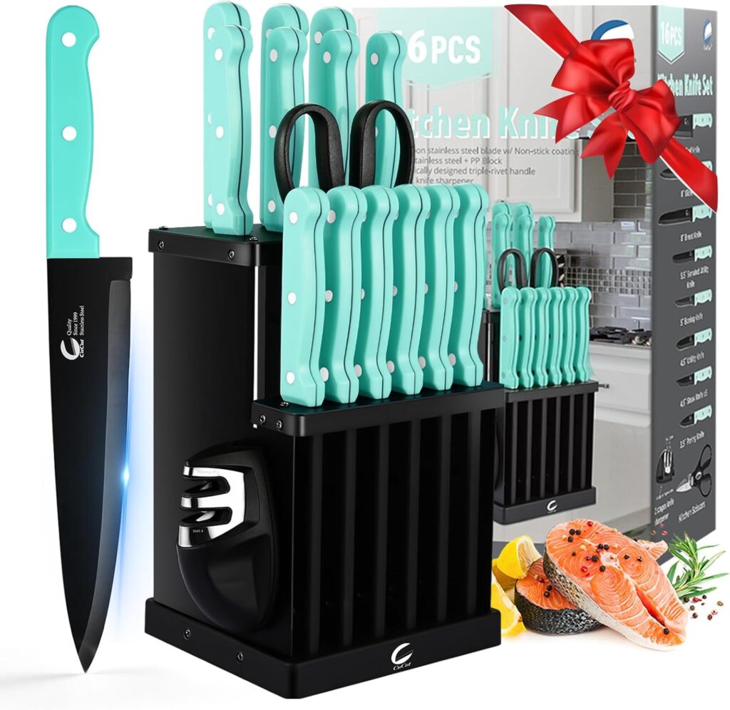 16-Piece Kitchen Knife Set with Block – High Carbon Stainless Steel Knives, Black Non-Stick Coating, Triple Riveted Forged Turquoise Handle, Dishwasher Safe, Includes Knife Sharpener, Scissors