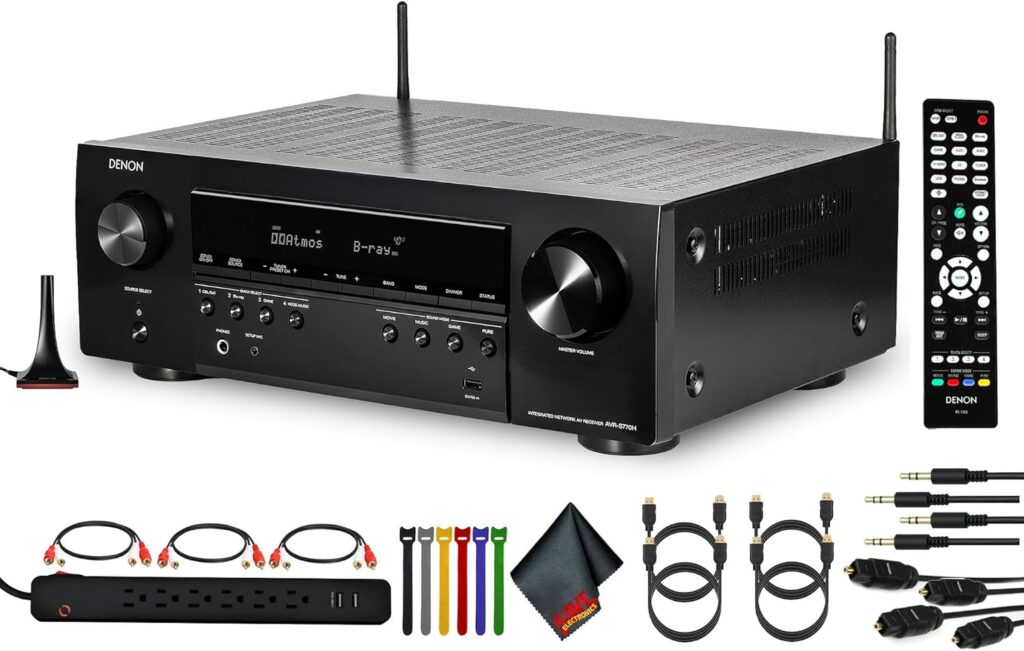 Denon S-Series AVR-S770H 7.2-Channel Network A/V Receiver Bundle Including: Surge Protector, 3X RCA Cable, 4X HDMI Cable, 2X Auxiliary Cable, Cable Ties, Cleaning Kit, More Accessories