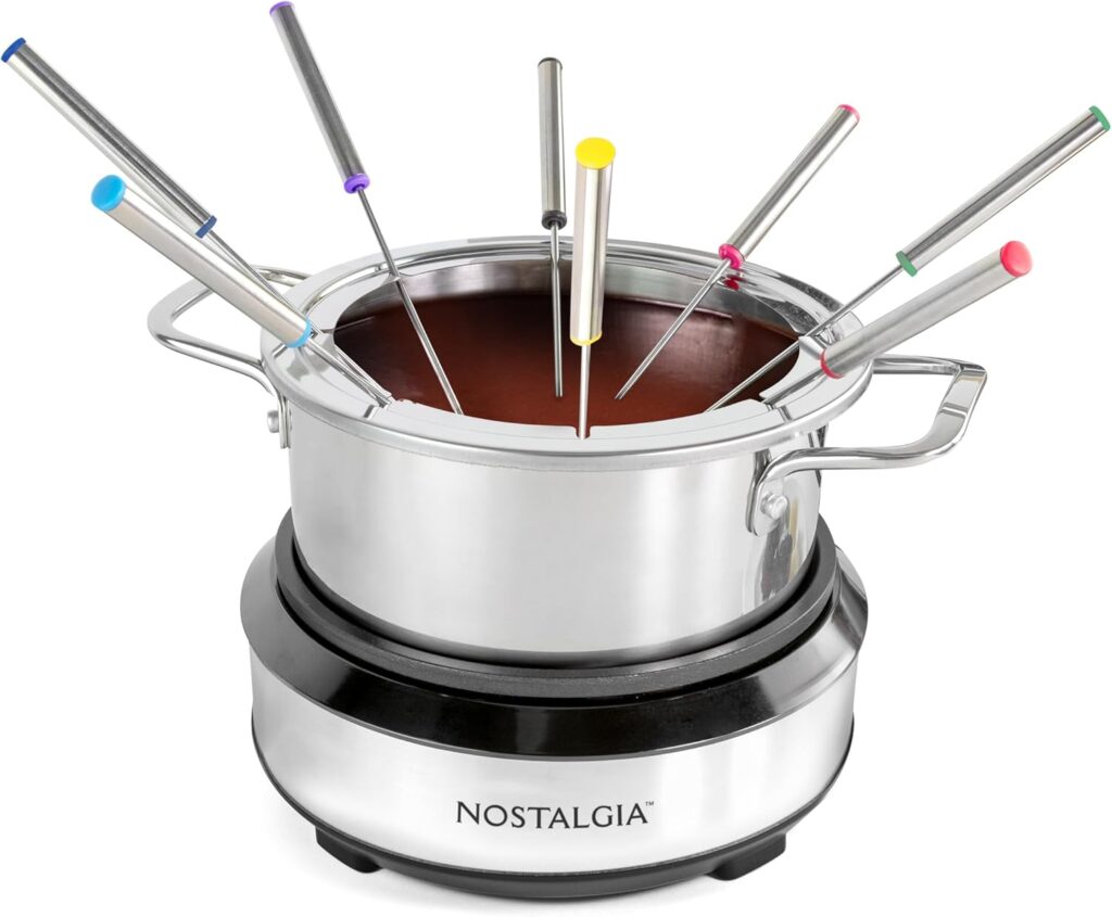 Nostalgia 8-Cup Electric Fondue Pot Set for Cheese & Chocolate – 8 Color-Coded Forks, Temperature Control – Kitchen Gadgets and Appliances for Hors d’Oeuvres and More – Stainless Steel