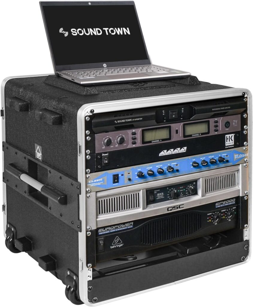 Sound Town Lightweight 10U PA DJ Rack/Road Case with 9U Rack Space, ABS Construction, 19” Depth, Retractable Handle, Wheels and Heavy-Duty Latches (STRC-A10UT)