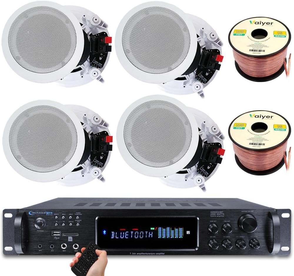Home Stereo System Kit – 7.2 channel 2500 Watts Bluetooth Amplifier w/ 4 Qty of 8” Framed Ceiling Speakers 300 W Each & 200 ft Speaker Wire & Remote Ideal for Home, Office, Restaurant by Technical Pro