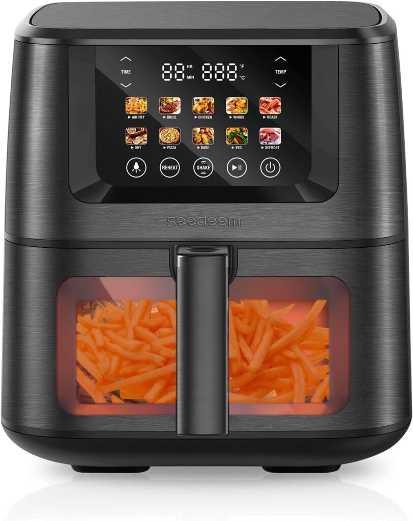 SEEDEEM Max XL Air Fryer 8QT, 10-in-1 Digital Air Fryer Oven with Color Touchscreen & Viewing Window, Toaster Oven Combo for Broil, Roast, Dehydrate, Bake – Black