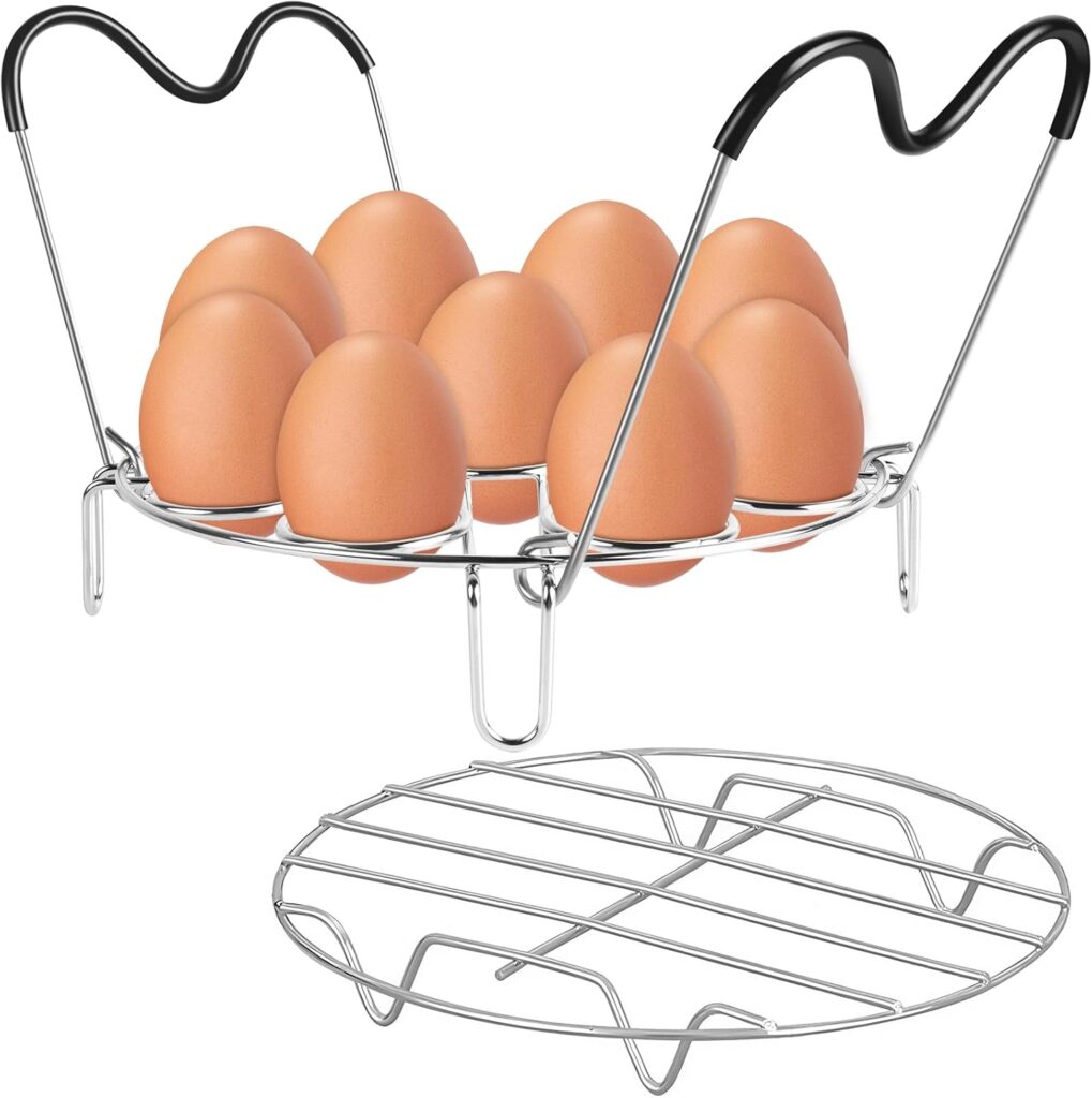 Steamer Cooling Rack Trivet Accessory Set, Include 9-holes Egg Steamer Cooking Rack with Heat Resistant Silicon Handles & Compatible for 6, 8 Quart Pressure Cooker Trivet, Instant Pot Accessories