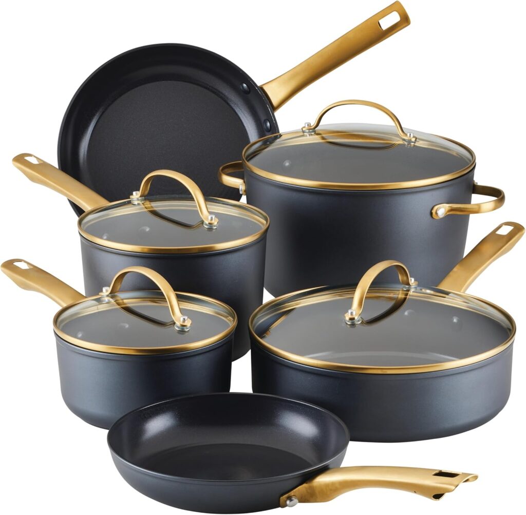 Farberware Forged Induction Ceramic Nonstick Pots and Pans Set with Lids and Kitchen Cooking Tools – Dishwasher Safe, Suitable for All Stovetops, 12 Piece Cookware Set – Black and Gold