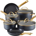 Farberware Forged Induction Ceramic Nonstick Pots and Pans Set with Lids and Kitchen Cooking Tools – Dishwasher Safe, Suitable for All Stovetops, 12 Piece Cookware Set – Black and Gold