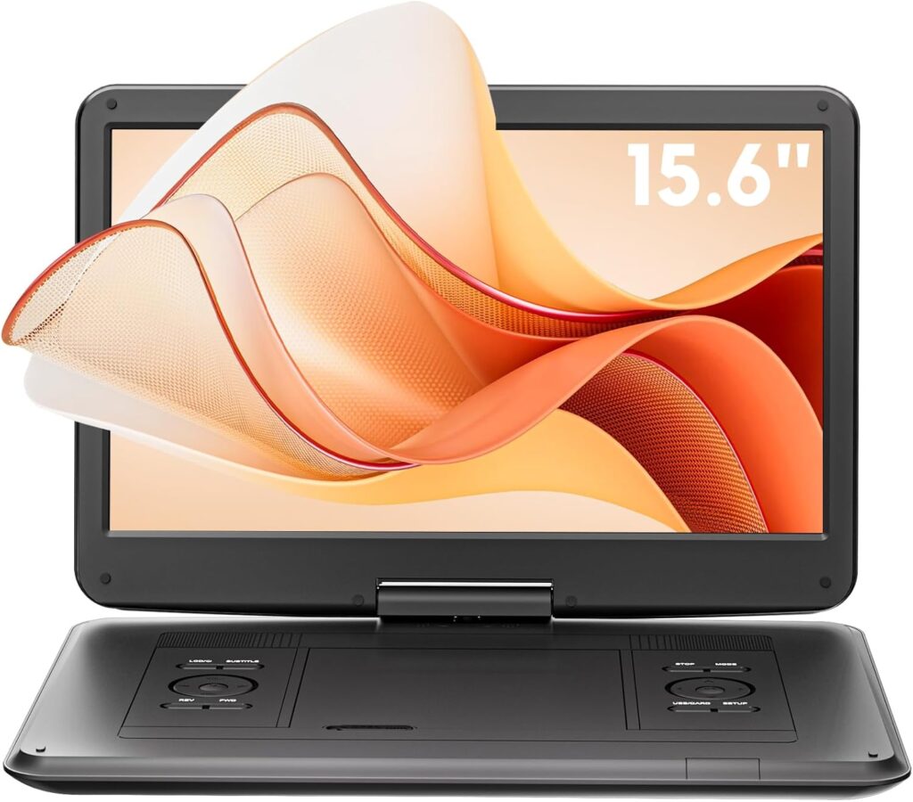 AKIYO 17.5″ Portable DVD Player with 15.6″ Large HD Screen for Car and Kids, 6 Hours Rechargeable Battery, Dual Stereo Speakers, Support USB/SD/AV/Audio/Sync TV and Multiple Disc Formats