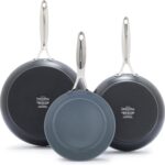 GreenPan Valencia Pro Hard Anodized 3 Piece Fry Pan Skillet Set, Ceramic Nonstick 8″ 9.5″ and 11″ Induction Suitable Frying Pans, PFAS-Free Cookware, Dishwasher Safe, Oven and Broiler Safe, Gray